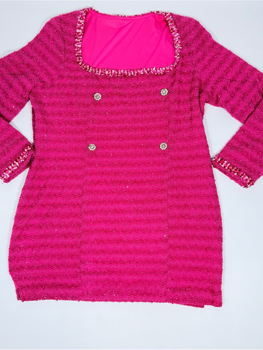 SHEIN Hot Pink Tweed Textured Knit Long Sleeve Dress Rhinestones Glam 3XL